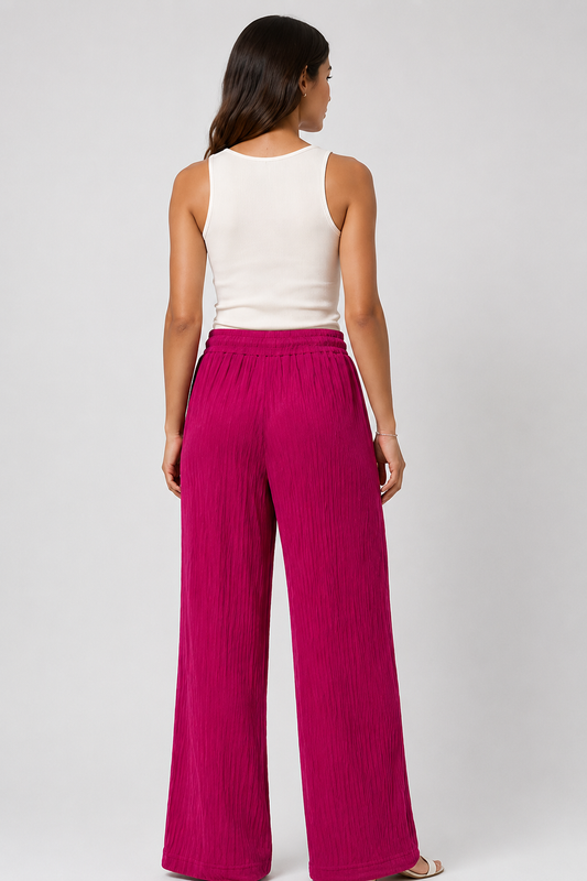 Fuchsia Pink Wide Leg Palazzo Pants for Women | Drawstring Elastic Waist Lounge Trousers