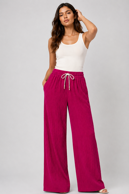 Fuchsia Pink Wide Leg Palazzo Pants for Women | Drawstring Elastic Waist Lounge Trousers