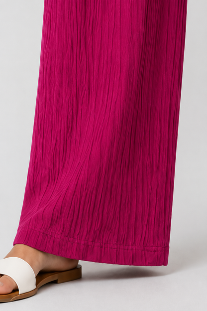 Fuchsia Pink Wide Leg Palazzo Pants for Women | Drawstring Elastic Waist Lounge Trousers