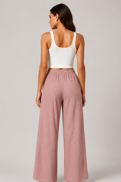 Dusty Rose Wide Leg Palazzo Pants for Women | Elastic Waist Crinkle Lounge Trousers