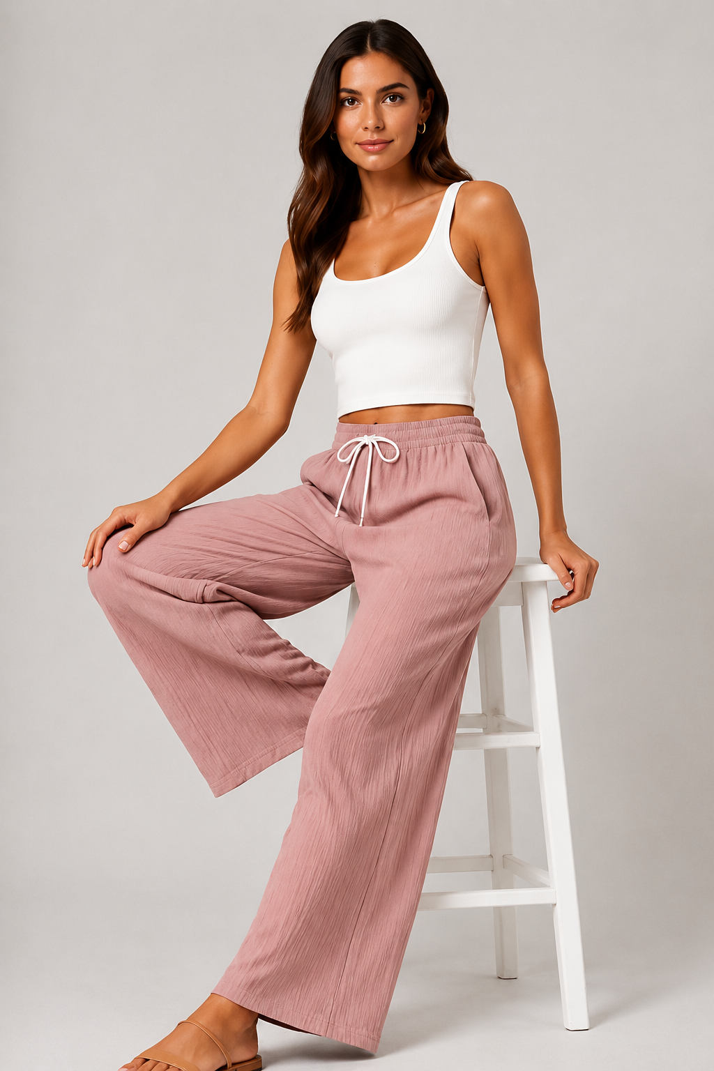 Dusty Rose Wide Leg Palazzo Pants for Women | Elastic Waist Crinkle Lounge Trousers