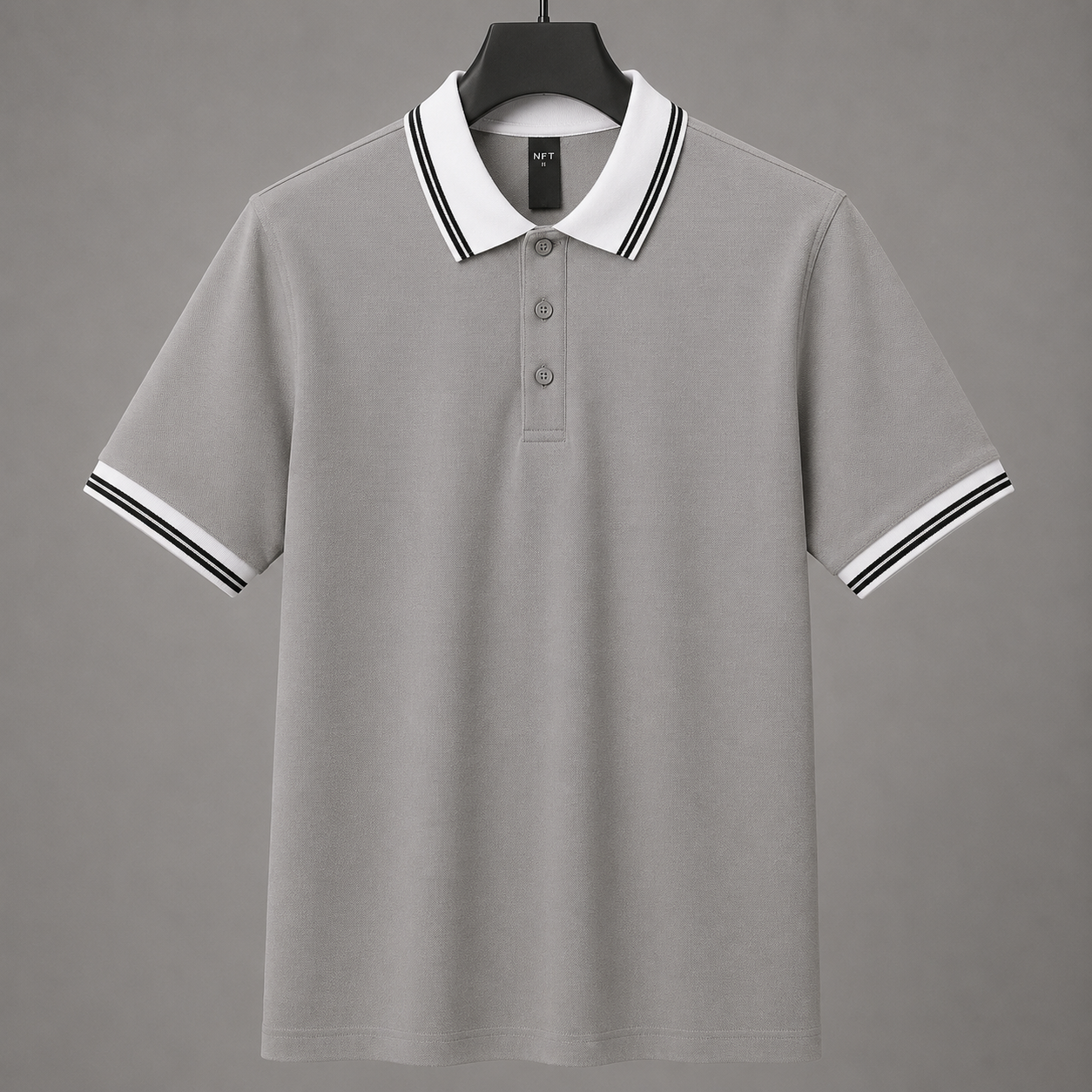 Men’s Premium Light Grey Polo T-Shirt with White Contrast Collar & Sleeve Stripes