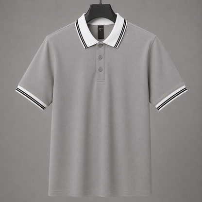 Men’s Premium Light Grey Polo T-Shirt with White Contrast Collar & Sleeve Stripes
