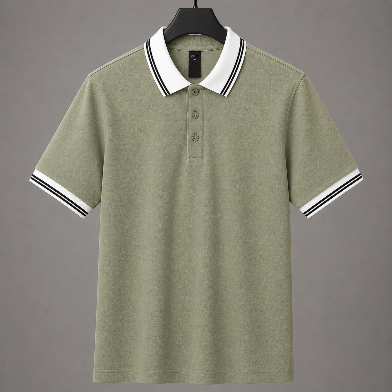 Men’s Premium Sage Green Polo T-Shirt with White Contrast Collar & Sleeve Stripes