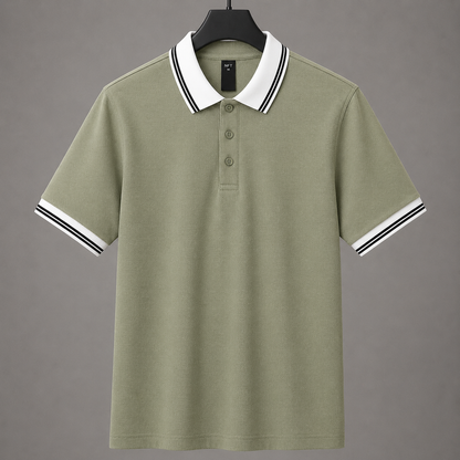 Men’s Premium Sage Green Polo T-Shirt with White Contrast Collar & Sleeve Stripes