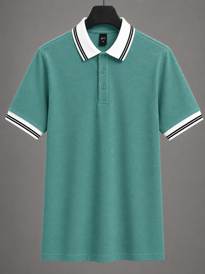 Men’s Premium Aqua Green Polo T-Shirt with White Contrast Collar & Sleeve Stripes