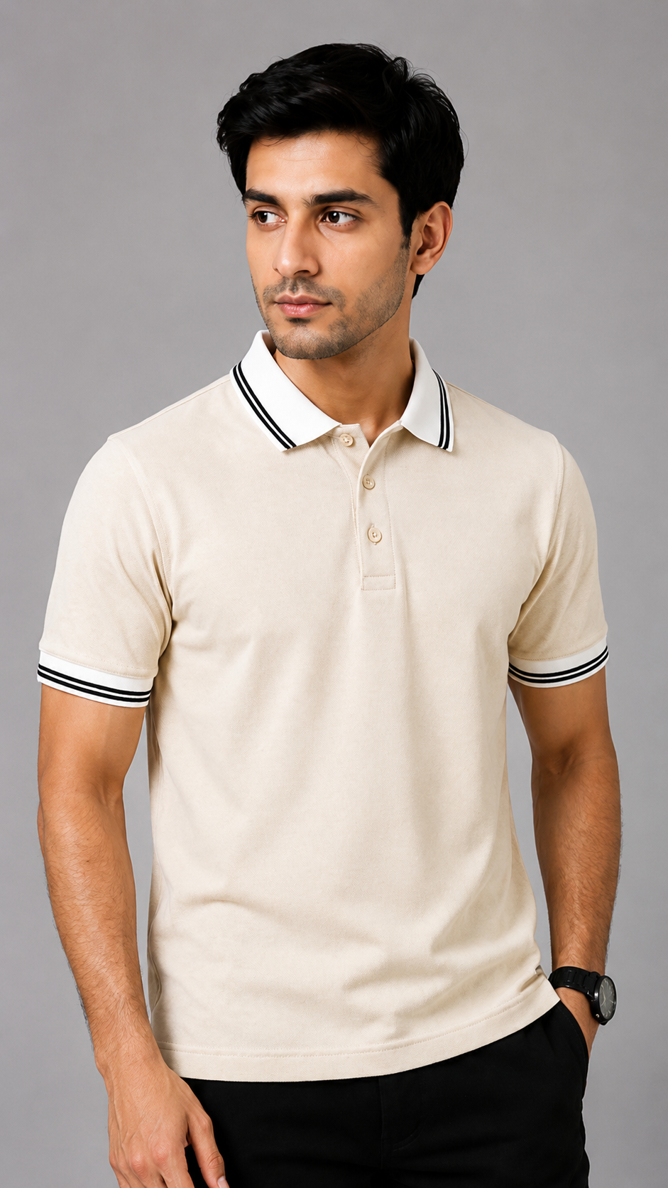 Men’s Premium Off White Polo T-Shirt with White Contrast Collar & Sleeve Stripes