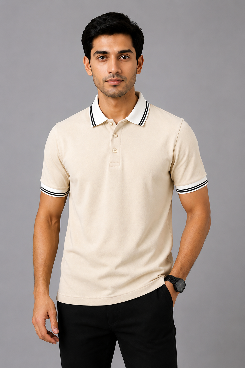 Men’s Premium Off White Polo T-Shirt with White Contrast Collar & Sleeve Stripes