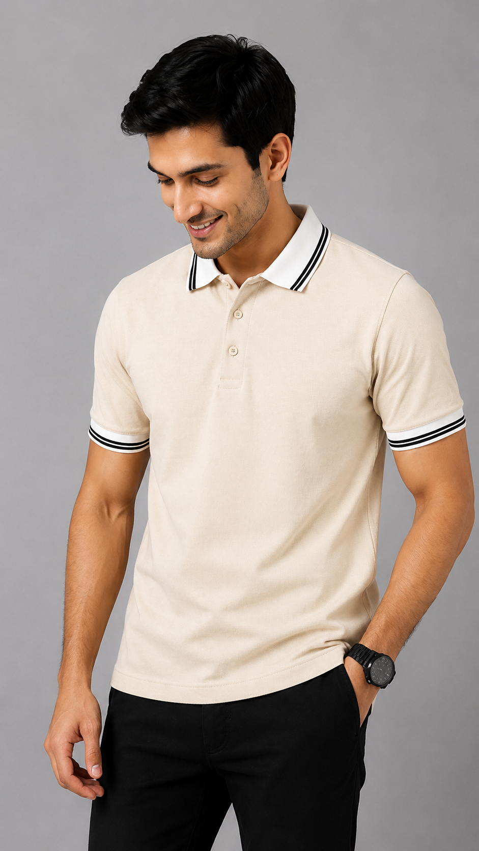 Men’s Premium Off White Polo T-Shirt with White Contrast Collar & Sleeve Stripes
