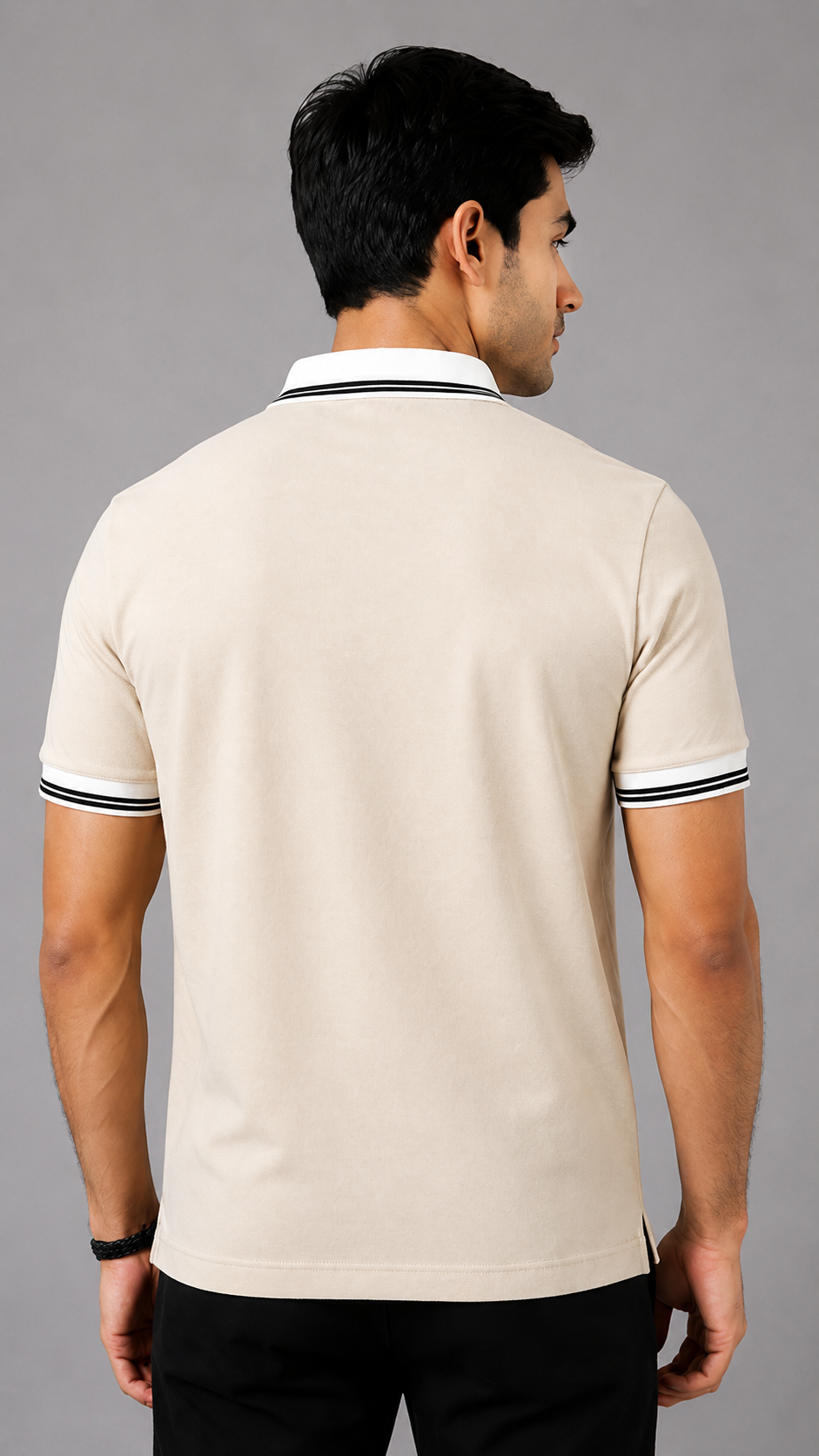 Men’s Premium Off White Polo T-Shirt with White Contrast Collar & Sleeve Stripes