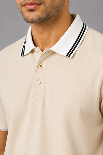 Men’s Premium Off White Polo T-Shirt with White Contrast Collar & Sleeve Stripes