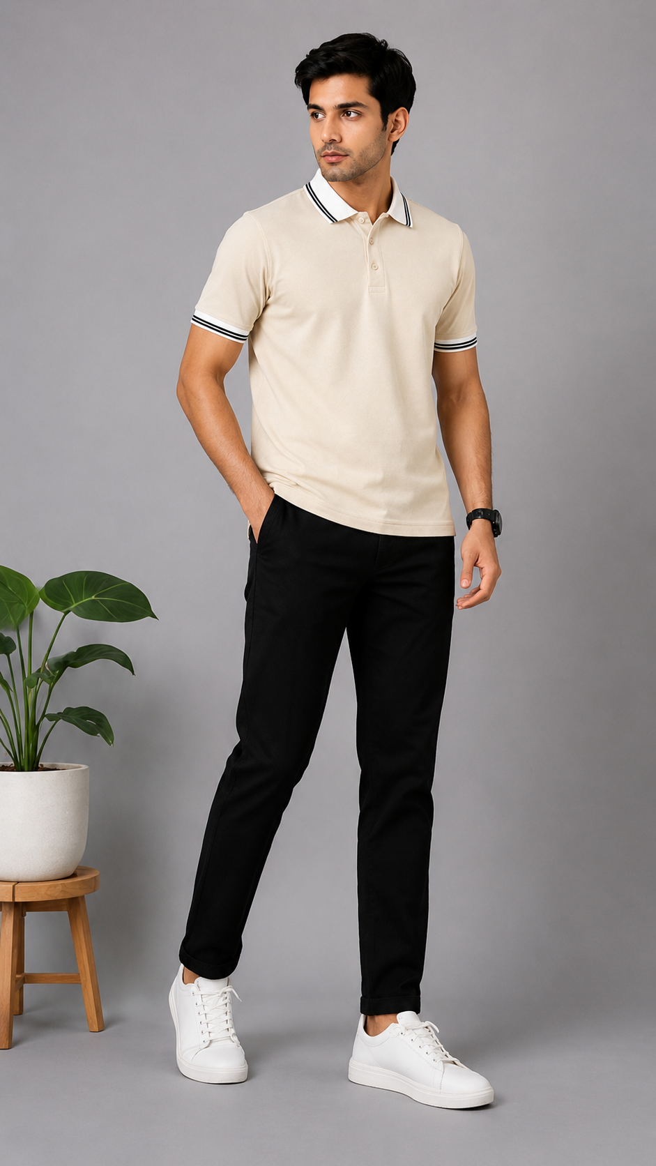Men’s Premium Off White Polo T-Shirt with White Contrast Collar & Sleeve Stripes