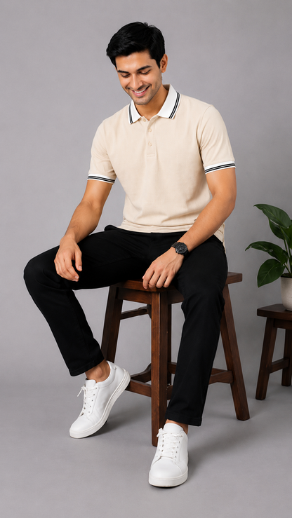 Men’s Premium Off White Polo T-Shirt with White Contrast Collar & Sleeve Stripes