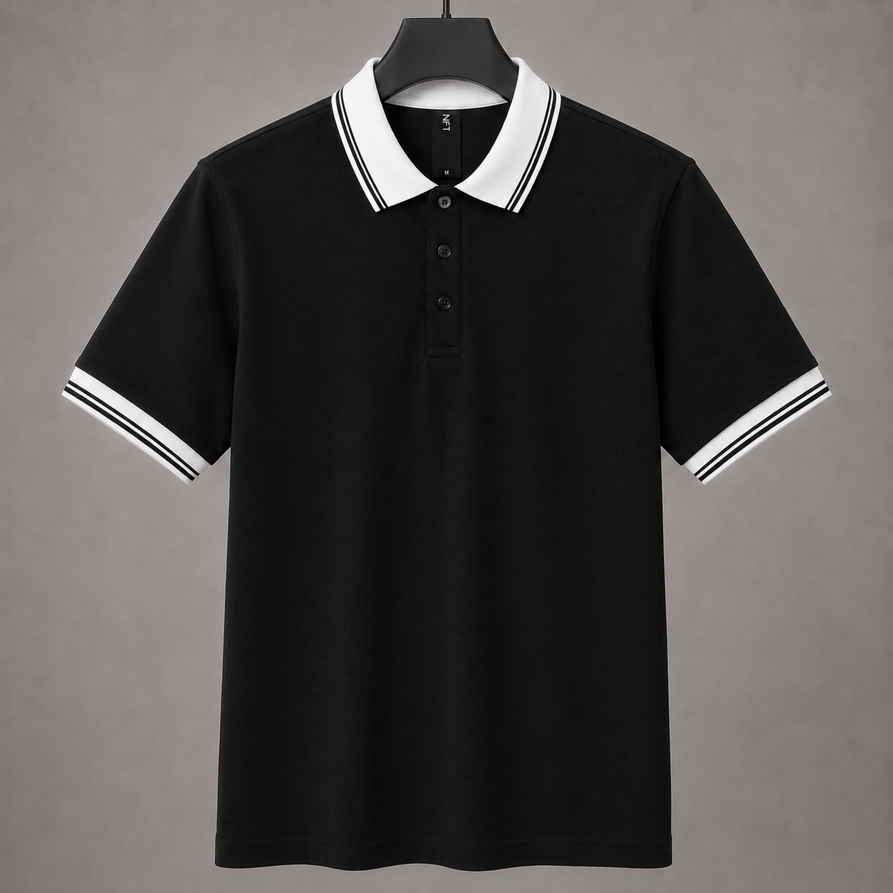 Men’s Premium Black Polo T-Shirt with White Contrast Collar & Sleeve Stripes