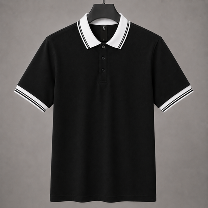 Men’s Premium Black Polo T-Shirt with White Contrast Collar & Sleeve Stripes