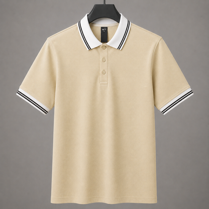 Men’s Premium Beige Polo T-Shirt with White Contrast Collar & Sleeve Stripes