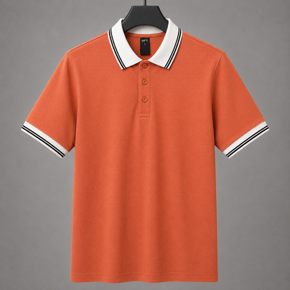 Men’s Premium Rust Orange Polo T-Shirt with White Contrast Collar & Sleeve Stripes