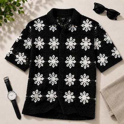Men's Black Floral Crochet Shirt | Premium Handmade Knit Summer Resort Wear
