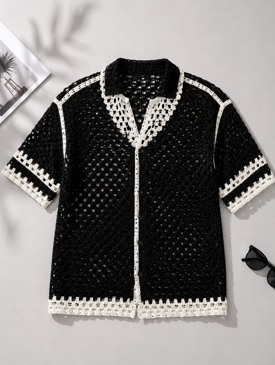 Men's Black Crochet Knit Shirt with White Contrast Trim | Summer Resort Wear