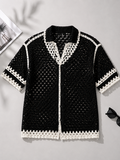 Men's Black Crochet Knit Shirt with White Contrast Trim | Summer Resort Wear