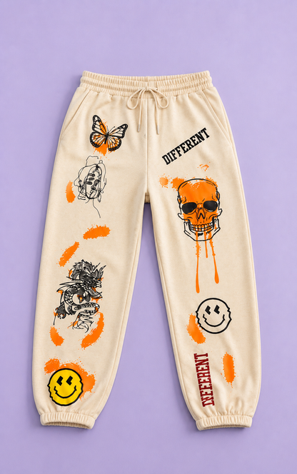 Women Beige Graphic Printed Joggers – Stylish Casual Streetwear & Lounge Pants
