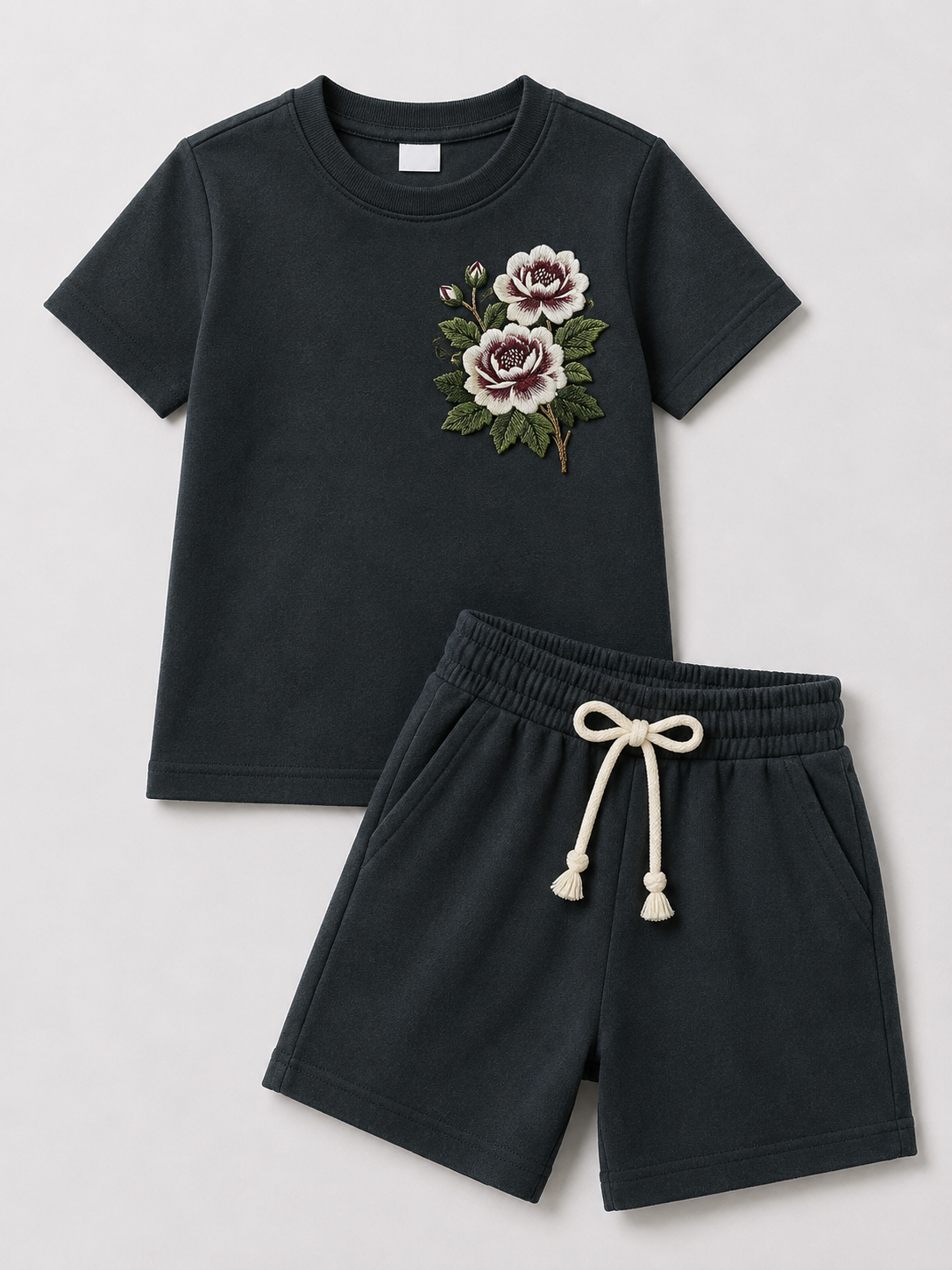 Women’s Black Floral Embroidered Co-Ord Set – Casual T-Shirt & Shorts Lounge Wear