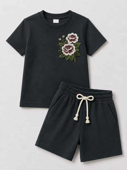Women’s Black Floral Embroidered Co-Ord Set – Casual T-Shirt & Shorts Lounge Wear