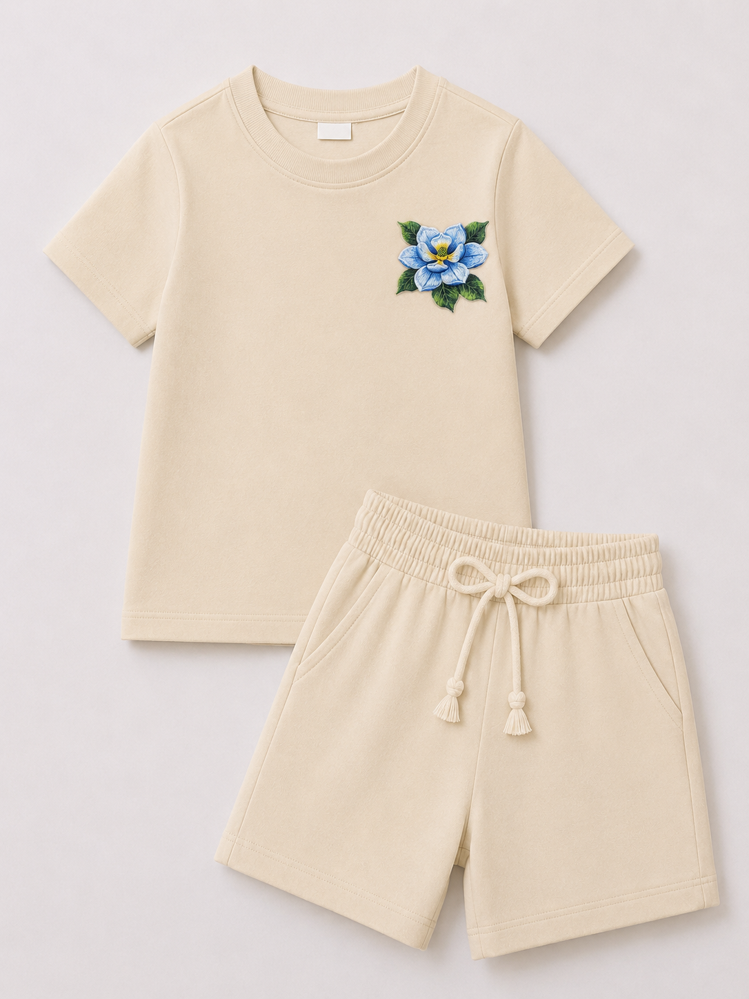 Women’s Beige Floral Embroidered Co-Ord Set – Casual T-Shirt & Shorts Lounge Wear