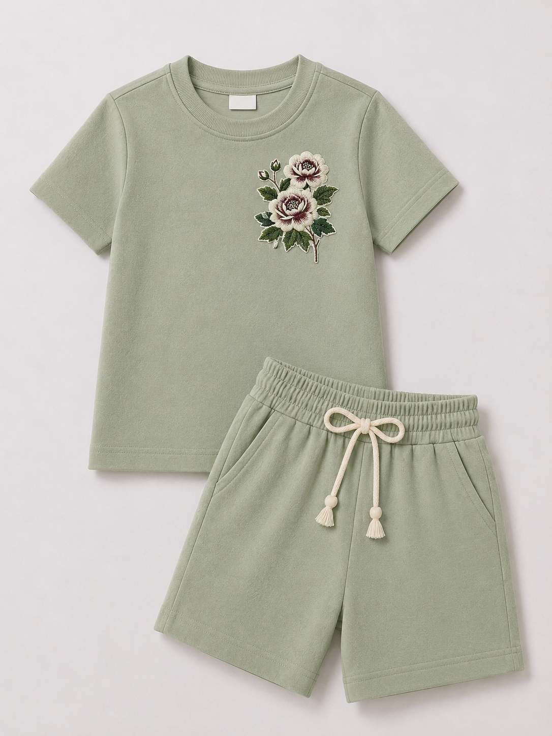 Women’s Sage Green Floral Embroidered Co-Ord Set – Casual T-Shirt & Shorts Lounge Wear