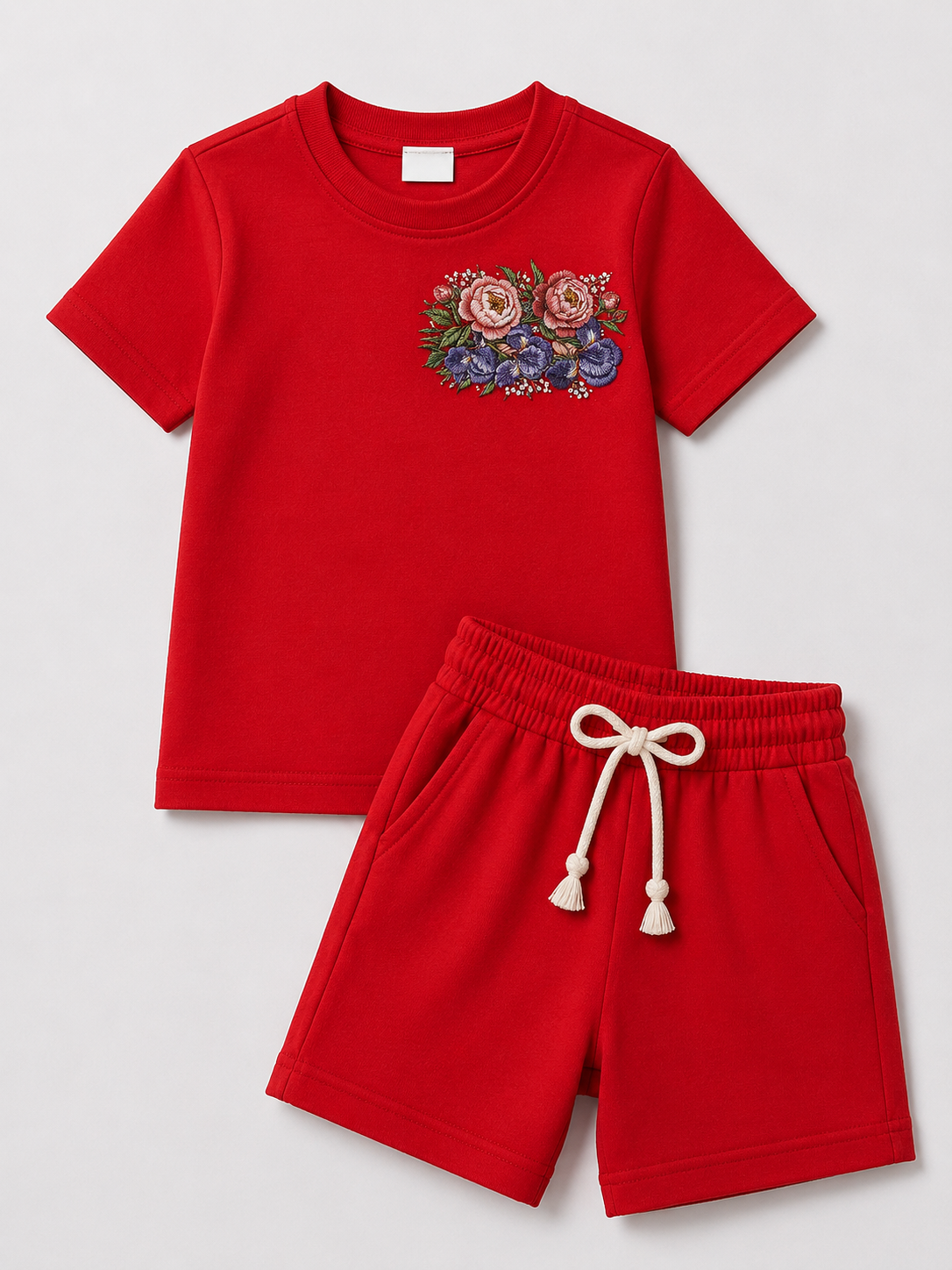 Women’s Red Floral Embroidered Co-Ord Set – Casual T-Shirt & Shorts Lounge Wear