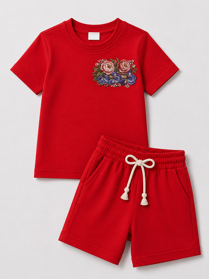 Women’s Red Floral Embroidered Co-Ord Set – Casual T-Shirt & Shorts Lounge Wear
