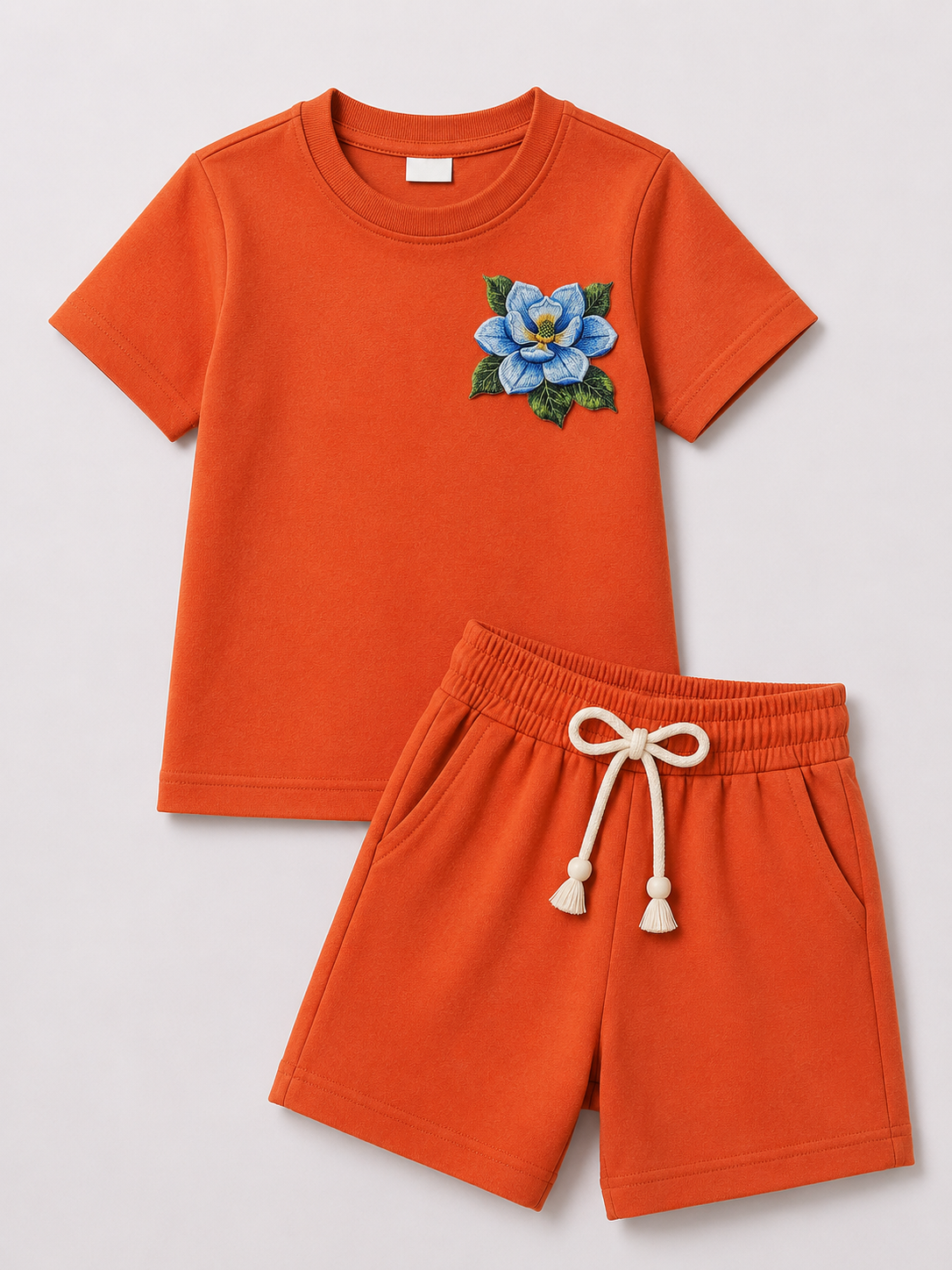 Women’s Burnt Orange Floral Embroidered Co-Ord Set – Casual T-Shirt & Shorts Lounge Wear