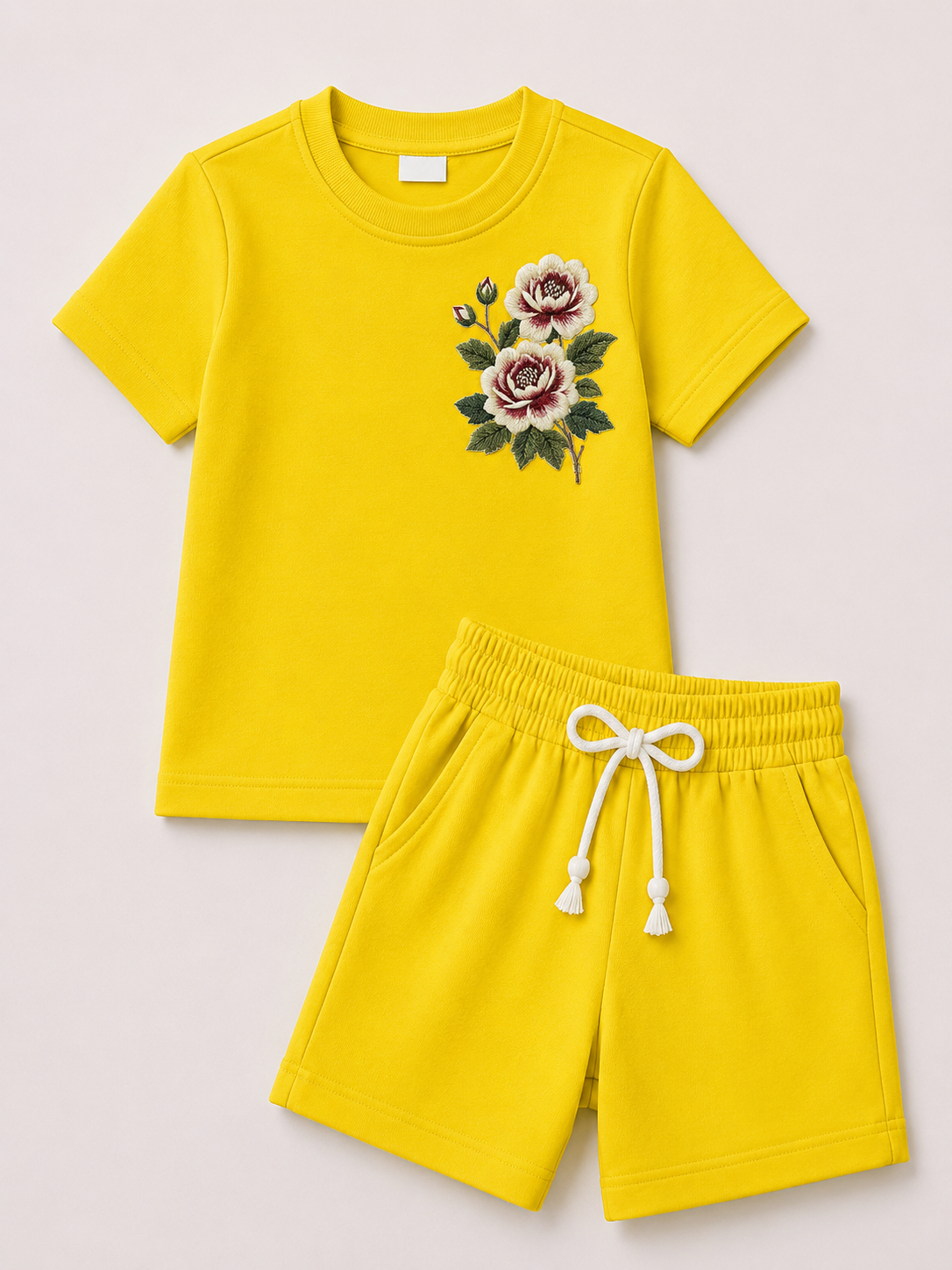 Women’s Sunshine Yellow Floral Embroidered Co-Ord Set – Casual T-Shirt & Shorts Lounge Wear