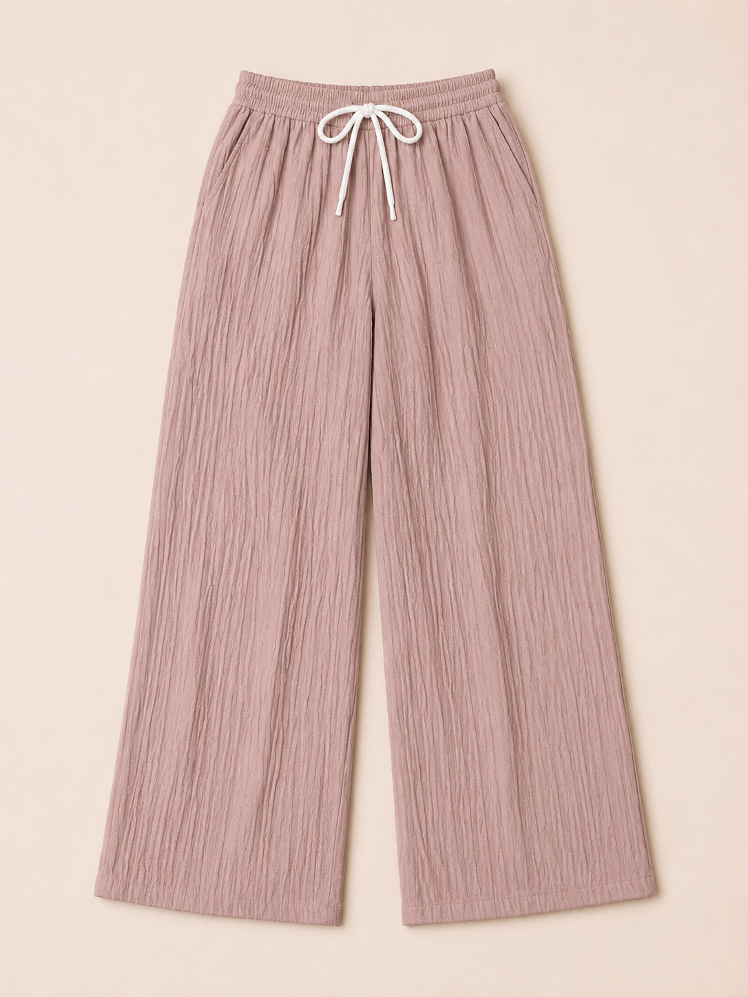 Dusty Rose Wide Leg Palazzo Pants for Women | Elastic Waist Crinkle Lounge Trousers