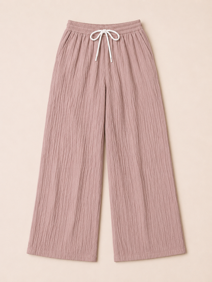 Dusty Rose Wide Leg Palazzo Pants for Women | Elastic Waist Crinkle Lounge Trousers