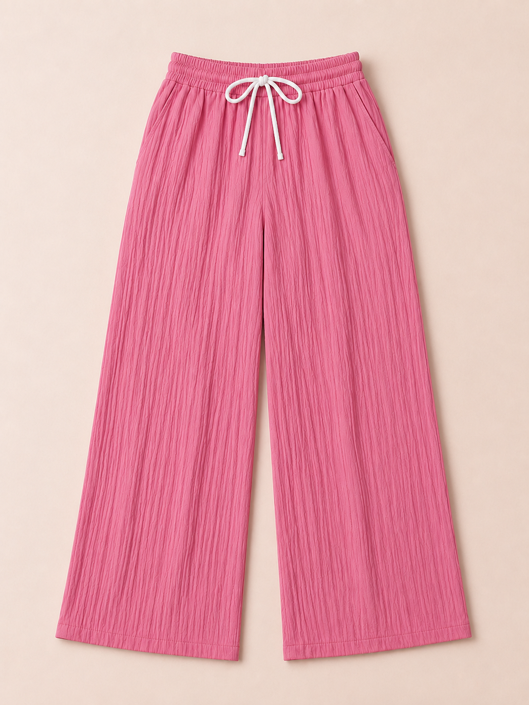 Pink Wide Leg Palazzo Pants for Women | Elastic Waist Crinkle Lounge Trousers