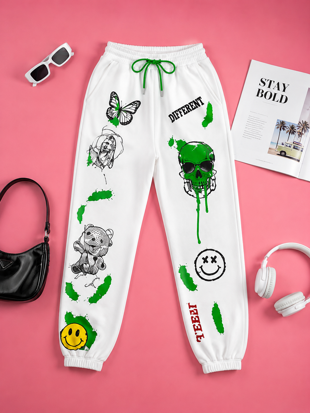 Women White Graphic Printed Joggers – Stylish Casual Streetwear & Lounge Pants