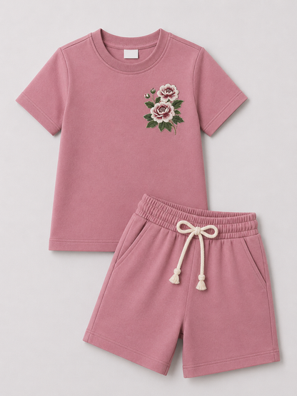 Women’s Dusty Pink Floral Embroidered Co-Ord Set – Casual T-Shirt & Shorts Lounge Wear
