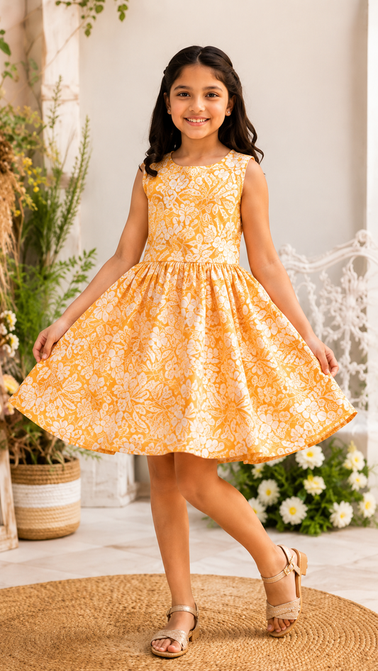 Girls Orange Floral Print Fit & Flare Dress (Sleeveless)