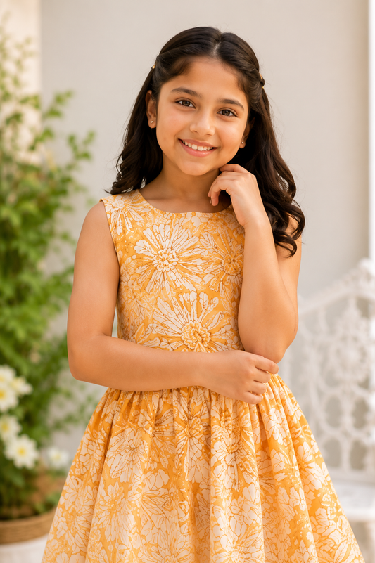 Girls Orange Floral Print Fit & Flare Dress (Sleeveless)
