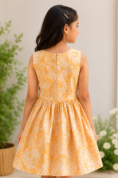 Girls Orange Floral Print Fit & Flare Dress (Sleeveless)