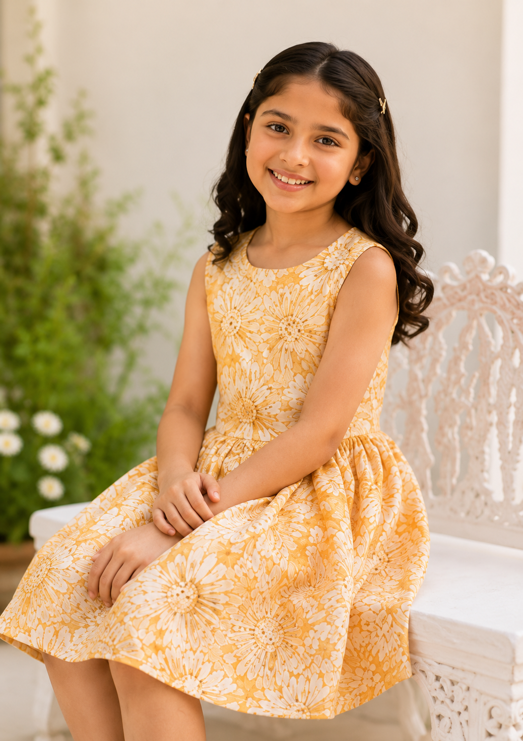 Girls Orange Floral Print Fit & Flare Dress (Sleeveless)