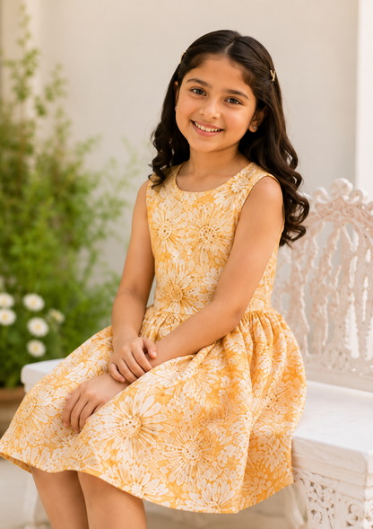 Girls Orange Floral Print Fit & Flare Dress (Sleeveless)