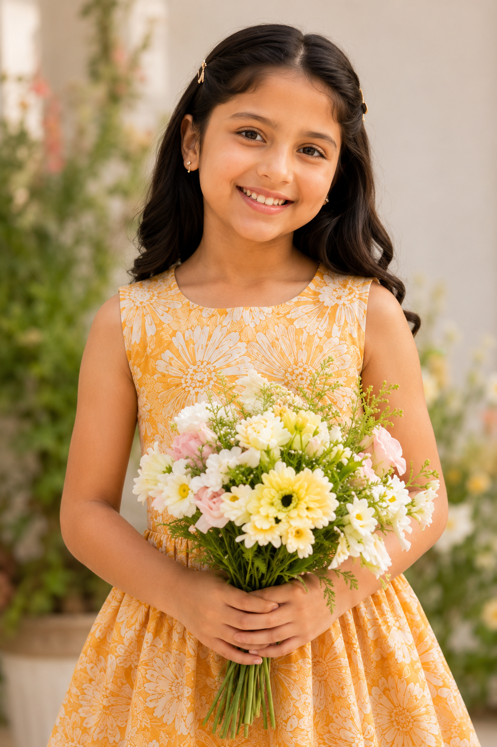 Girls Orange Floral Print Fit & Flare Dress (Sleeveless)