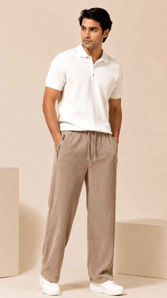 Beige Ribbed Track Pants for Men | Premium Relaxed Fit Textured Joggers with Zip Pockets