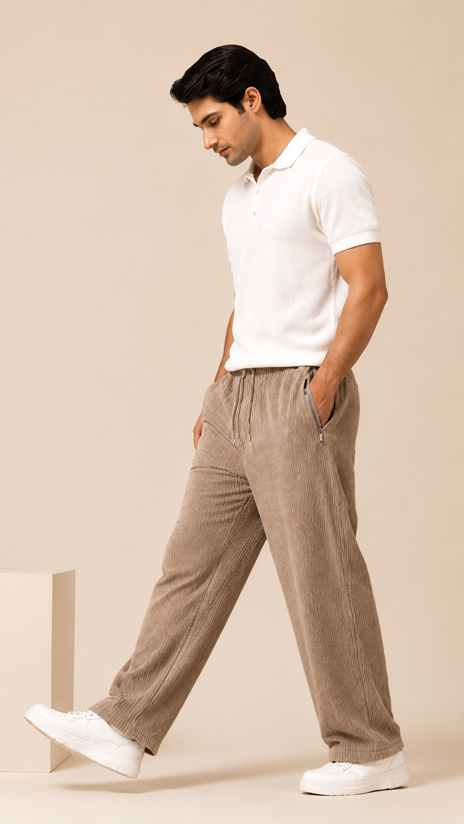 Beige Ribbed Track Pants for Men | Premium Relaxed Fit Textured Joggers with Zip Pockets