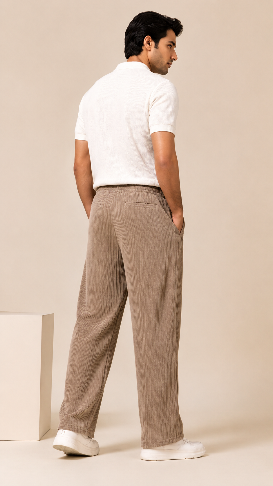 Beige Ribbed Track Pants for Men | Premium Relaxed Fit Textured Joggers with Zip Pockets
