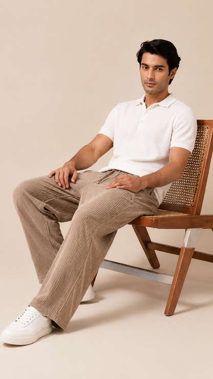 Beige Ribbed Track Pants for Men | Premium Relaxed Fit Textured Joggers with Zip Pockets