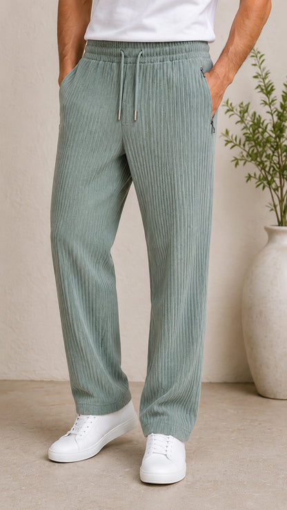 Sage Green Ribbed Track Pants for Men | Premium Relaxed Fit Textured Joggers with Zip Pockets