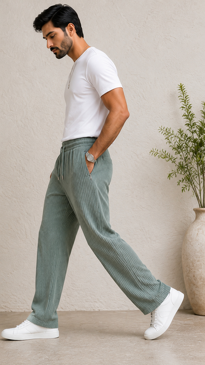 Sage Green Ribbed Track Pants for Men | Premium Relaxed Fit Textured Joggers with Zip Pockets